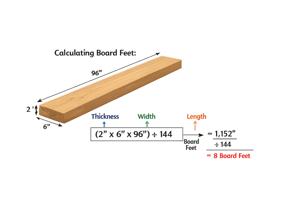Diagram showing a wooden board measured for standard board feet calculation: 2 inches thick, 6 inches wide, and 96 inches long, with the formula (2 × 6 × 96) ÷ 144 resulting in 8 board feet