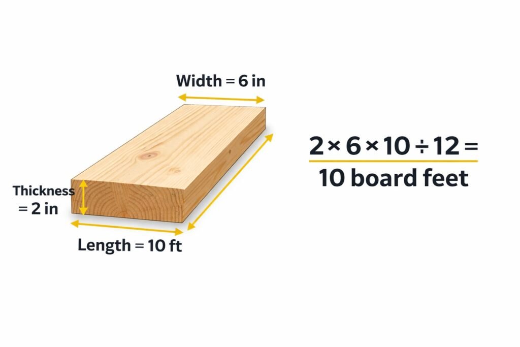 Online board feet calculator for lumber measurement, wood board size example with thickness width length and instant board feet result