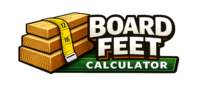 Board Feet Calculator logo showing stacked wooden planks with a yellow measuring tape and bold text reading Board Feet Calculator